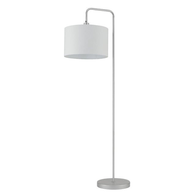 Globe Electric Barden 58" metal floor lamp with a brushed nickel finish and white linen drum shade, featuring a minimalist curved arm and round base, ideal for versatile placement in living spaces.