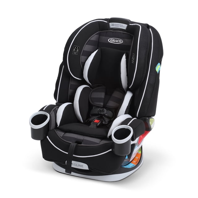 Graco 4Ever All-in-One Convertible Car Seat in black and grey with white piping, featuring a 10-position adjustable headrest and harness system, dual cup holders, padded side wings, and recline adjustment, designed for children from 4 to 120 lb with easy installation and long-term use.