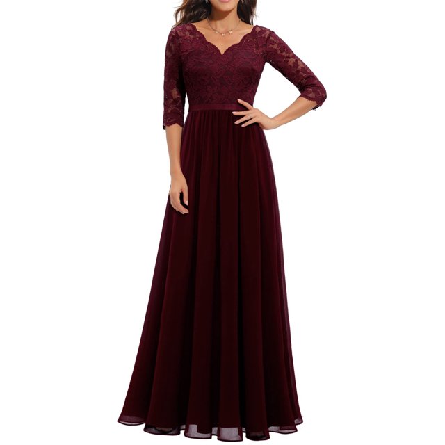 Faithtur Nouvelle Mode Femmes Longue Robe Couleur Unie Patchwork Dentelle V-Cou à Manches Mi Dos Sans Fermeture Éclair Robe Féminine