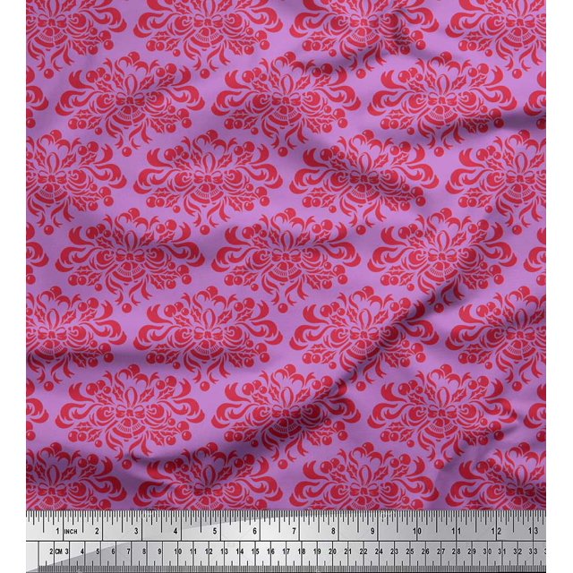 Soimoi Purple polyester Crepe Fabric Filigree Damask Print Fabric by Yard 42 Inch Wide