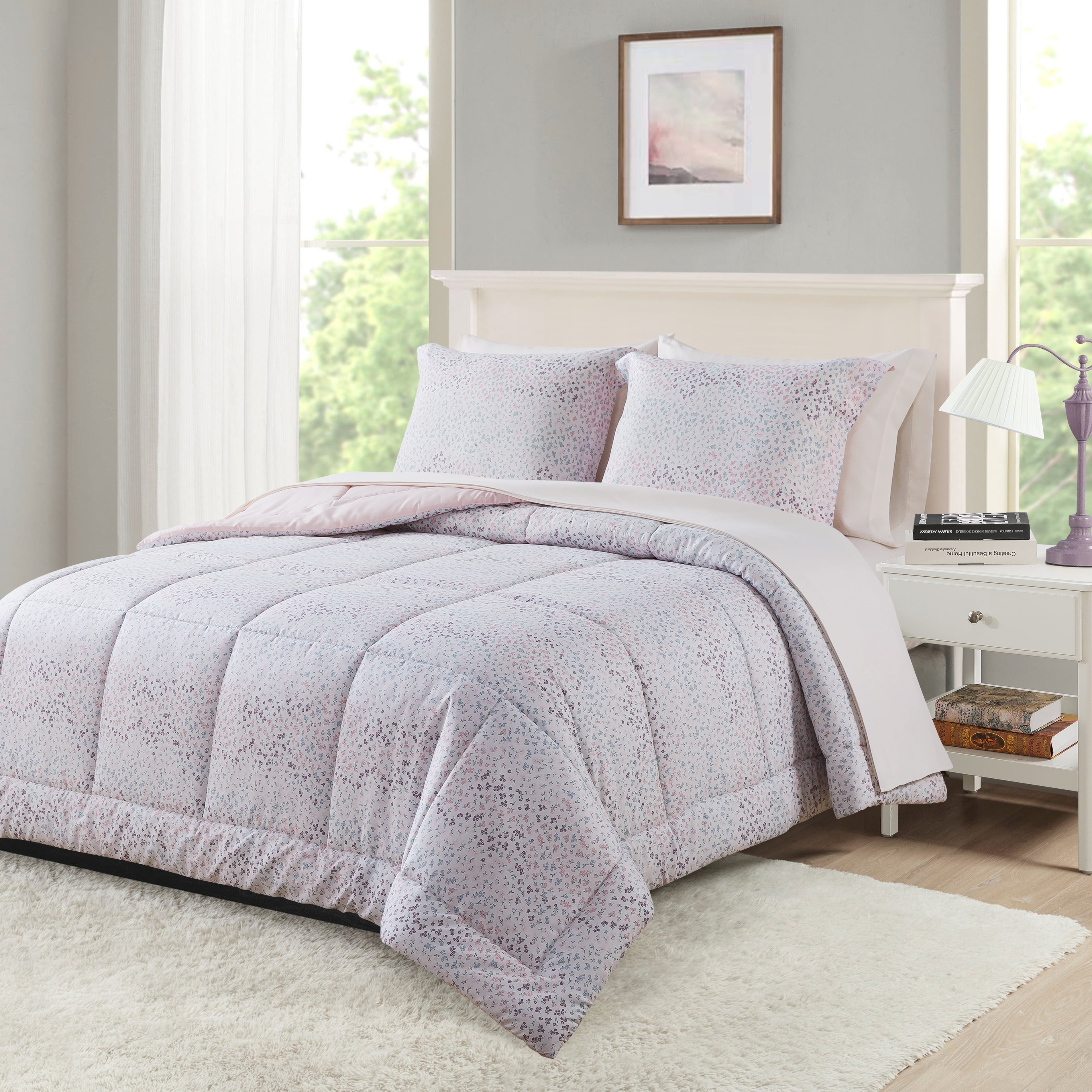 Mainstays – Ensemble de literie tout-en-un réversible avec couette et draps, 5 pièces, format simple très grand (Twin XL), rose blush