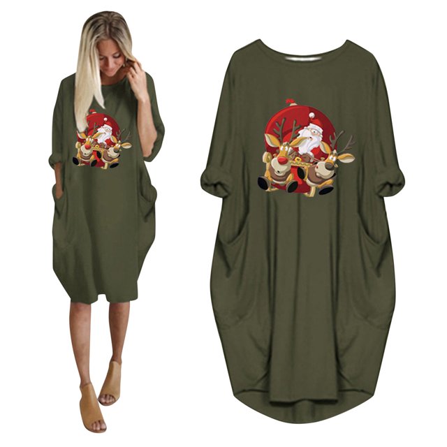 Styesk Robes pour Femmes la Mode Robe d'Hiver pour Femmes Grande Taille Ample avec Poches Robe de Noël Imprimée