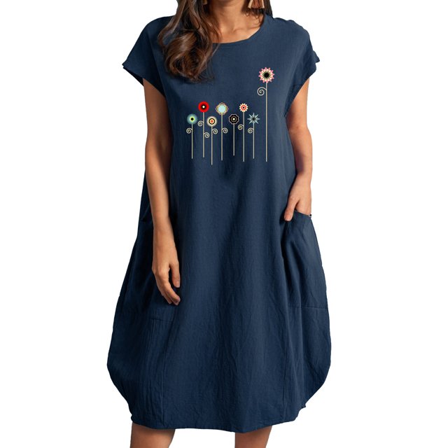 Robes pour Femmes 2022 Robe à Manches Courtes à Col Rond Grande Taille Robe Imprimée Décontractée Ample d'Été Midi avec Poches