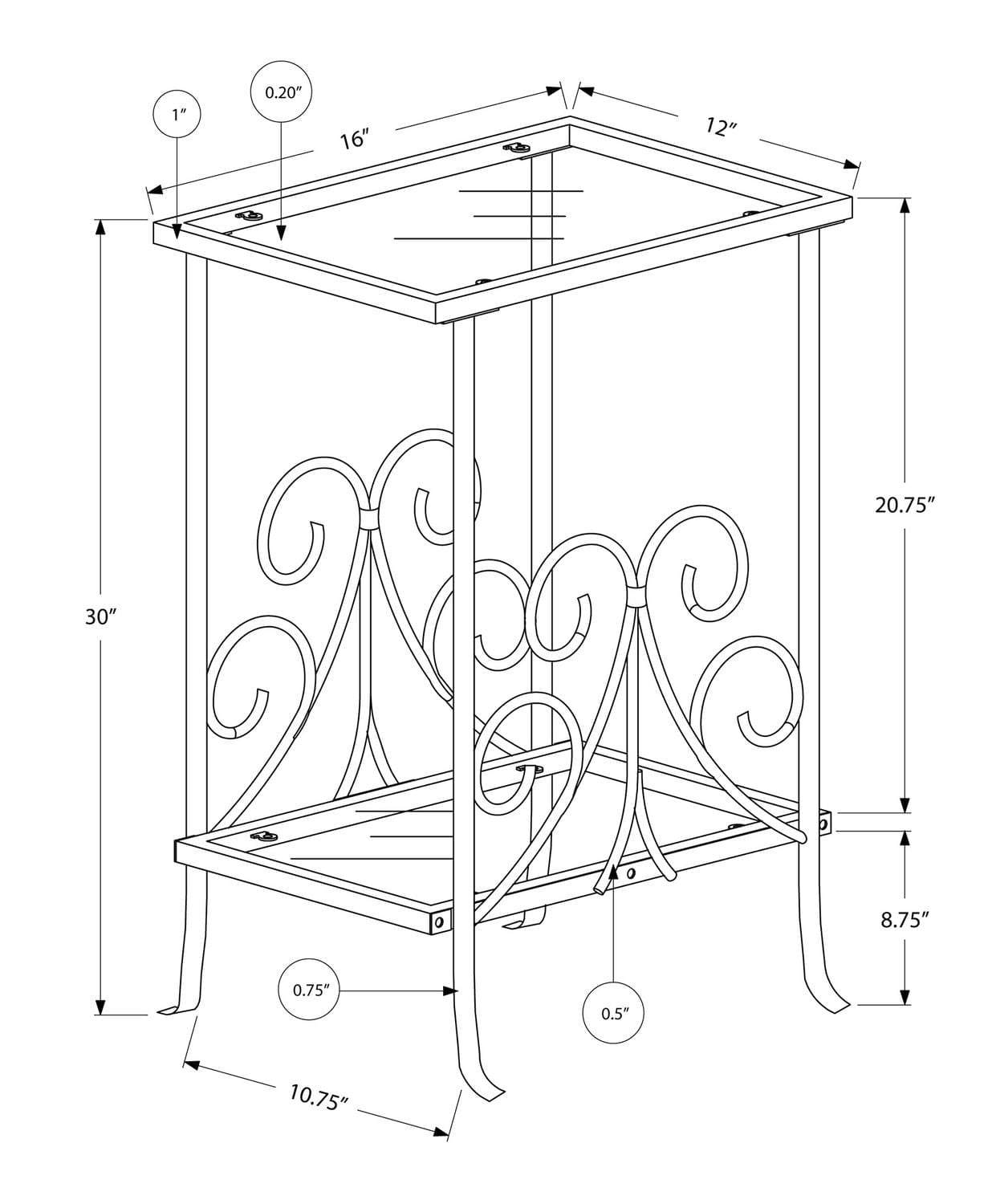 Monarch Specialties Table D'appoint, Côté, Bout, Table De Nuit, Lampe, Salon, Chambre À Coucher, Métal, Verre Trempé, Gris, Transitionnel