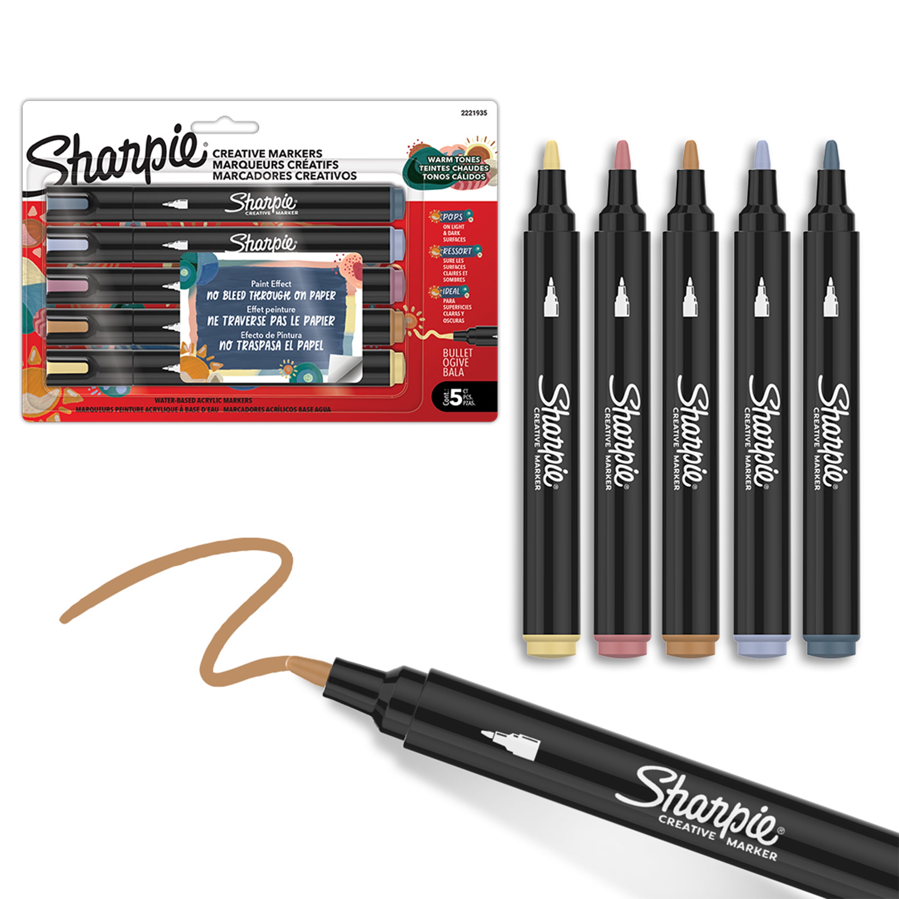 Sharpie Creative Markers, Warm Tones, Water-Based Acrylic Markers, Bullet Tip, Assorted Colours, 5 Count