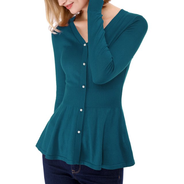 INSPIRE CHIC Women's V Neck Long Sleeve Ribbed Pullover Knitted Peplum Top