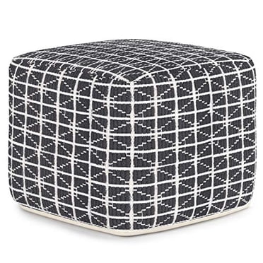 SIMPLIHOME Noreen Square Pouf, Footstool, Upholstered in Slate Grey and White Cotton Handloom Woven Pattern, for the Living Room, Bedroom and Kids Room, Transitional, Modern