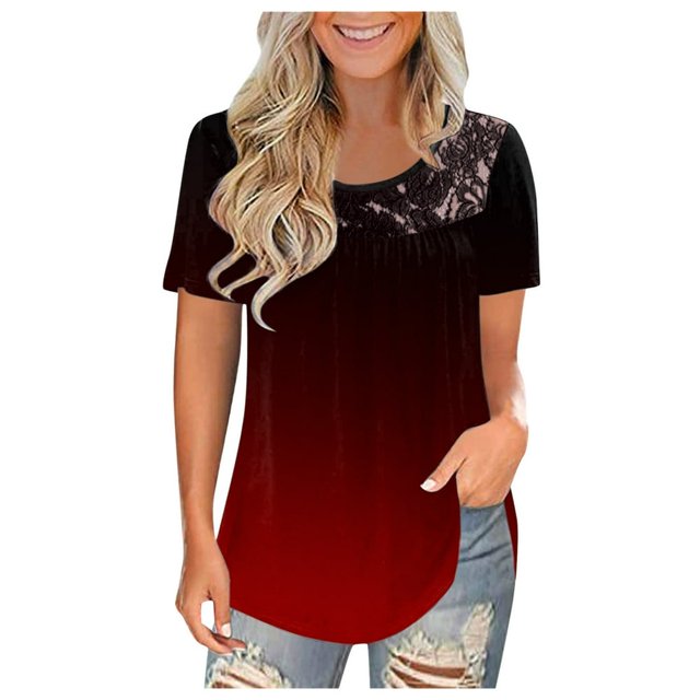 AMERTEER Femmes Mode Dentelle Uni à Empiècements Col Rond Manches Courtes T-Shirt Blouse Hauts T-Shirt pour Femmes