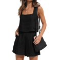 thumbnail image 2 of Womens 2 Piece Outfits Linen Square Neck Crop Tops Short Set 2023 Lounge Matching Sets Trendy Clothes Beach Summer, 2 of 9