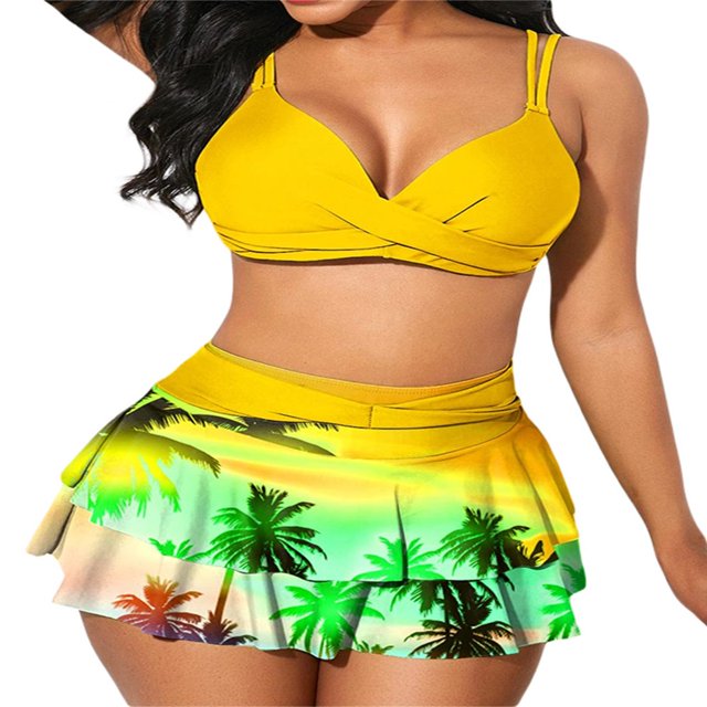 MesaSe Women 2Pcs Swimsuit Set Solid Color Wrap Bikini Tops + Ruffle Skirt Bottom Set Beach Swimwear