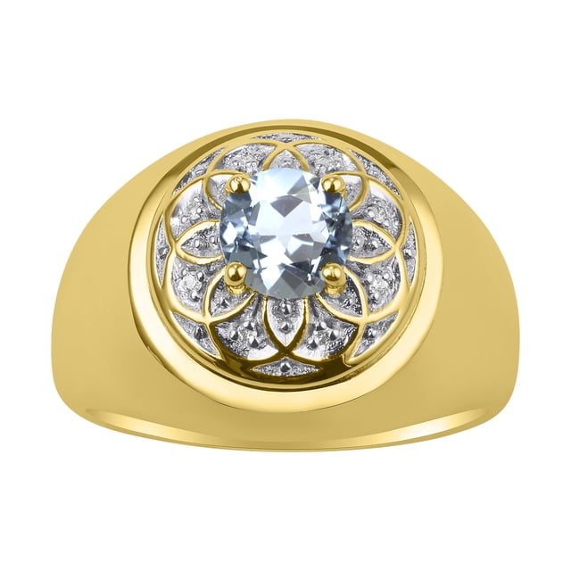 RYLOS Men's Rings 14K Yellow Gold Designer Gypsy 7MM Round Gemstone & Diamond Ring Aquamarine March Birthstone Rings Size 9