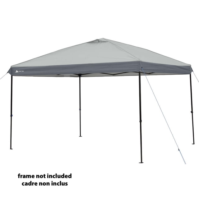 Ozark Trail 12 ft x 12 ft Straight Leg Canopy Top Accessory in gray, designed for camping shelters and outdoor use, shown on a black metal frame with four straight legs and blue guy lines, featuring a vented roof for airflow and UV 50+ polyester fabric for sun protection.