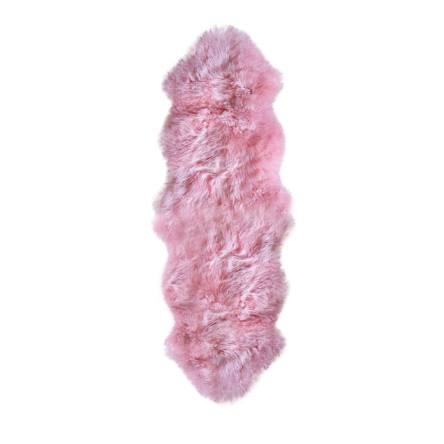 NEW ZEALAND SHEEPSKIN RUG 2' X 6' - PINK, an irregularly shaped area rug made from 100% natural sheepskin wool with a thick, soft 2-inch pile in pink, designed for indoor use to add warmth and texture to bedrooms, offices, or entryways, also suitable as a cozy seat cover or decorative throw.