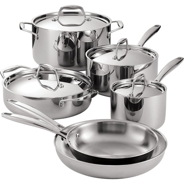 Tramontina Signature Tri-Ply Base Stainless Steel 10-Piece Cookware Set with Lids includes polished stainless steel fry pans, saucepans, a deep sauté pan, and a Dutch oven, all with riveted handles, induction-ready, oven-safe to 500°F, and dishwasher-safe for versatile, even heat cooking.