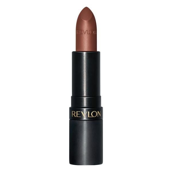 Revlon Super Lustrous™ Matte Lipstick in brown shade, featuring a matte black tube with gold branding and embossed bullet, delivering smooth, hydrating matte lip colour with botanical oils for comfortable, full-coverage wear.