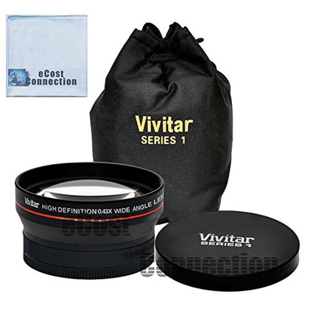 Vivitar Pro Series Objectif Grand-Angle 62mm 0.43x Haute Définition Conçu pour Tous les Appareils Photo et Caméscopes avec un Filetage de Filtre d'Objectif 62mm. l'Objectif Offre une Vue super Grand-Angle avec un Effet fisheye Doux, Convient à des Besoins Photographiques Variés. Comprend un Chiffon de Nettoyage en Microfibre, un Capuchon d'Objectif et un Étui de Transport. la Marque eCostConnection Est visible sur le Chiffon de Nettoyage.