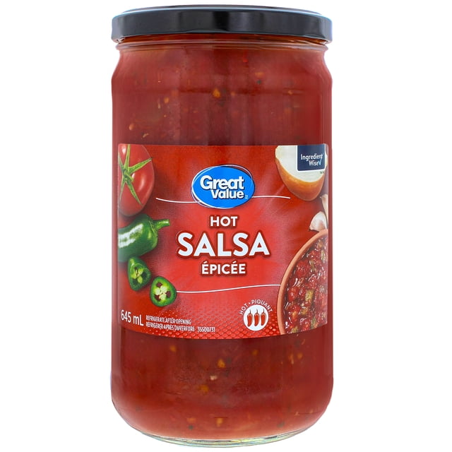Great Value Hot Salsa in a 645 ml clear glass jar with black lid, featuring a red label with tomatoes, jalapeño peppers, and onions, rated three peppers for heat, ideal for spicy tomato salsa lovers and suitable for tortilla chips, tacos, and nachos.