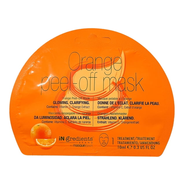 iN.gredients Orange Peel Off Mask in a bright orange, semi-circular sachet featuring multilingual text that highlights its glowing and clarifying skin treatment with vitamin C and natural orange extract, containing one 10ml facial mask treatment suitable for skin clarifying.