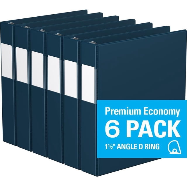 Davis Group, Premium Economy, D Ring, Binder, 6 Pack, 1.5" showing six dark blue binders with white label holders on the spine and 1.5 inch metal D rings, featuring clear interior pockets for securing loose documents, ideal for office and school supplies.