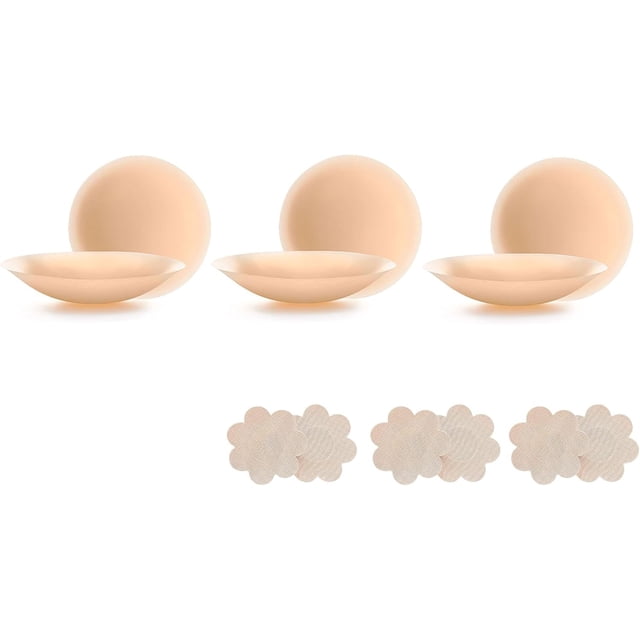 Cakes Couvre-Tétons pour le Corps Imperméables Réutilisables, Soutiens-Gorge Adhésifs Invisibles, Soutiens-Gorge Adhésifs Sans Traces pour Hauts de Robe. l'Image Affiche Trois Paires de Couvre-Tétons Ronds en silicone Ton Peau avec une Conception Lisse et Sans Coutures et des Bords Ultra-Minces. En Dessous d'Elles Trois Paires de Cache-Tétons Adhésifs en Forme de Fleur. Ces Couvre-Tétons Réutilisables et Imperméables Sont Conçus pour les Femmes, Offrant un Ajustement Sans Traces et Invisible sous des Tenues Dos Nu, Sans Bretelles Ou Décolletées. Légers et Portatifs
