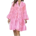 thumbnail image 2 of Jienlioq Robe Femme Liquidation Mode Femme Col en V Uni Broderie Patchwork Dentelle Bouton Robe Manches Longues, 2 of 7