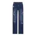 thumbnail image 4 of Bigersell Straight Jeans Women High Waisted Ripped Jeans with Destroyed Hole Straight Leg Jeans Full Length Denim Pants Trousers Button Closure BlueXL, 4 of 8