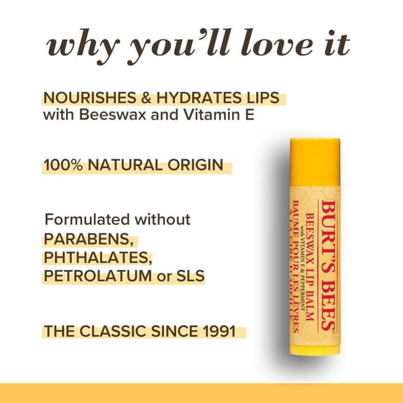 Burt‚Äôs Bees 100% Natural Origin Moisturizing Lip Balm, Original Beeswax with Vitamin E and Peppermint Oil 3 pack