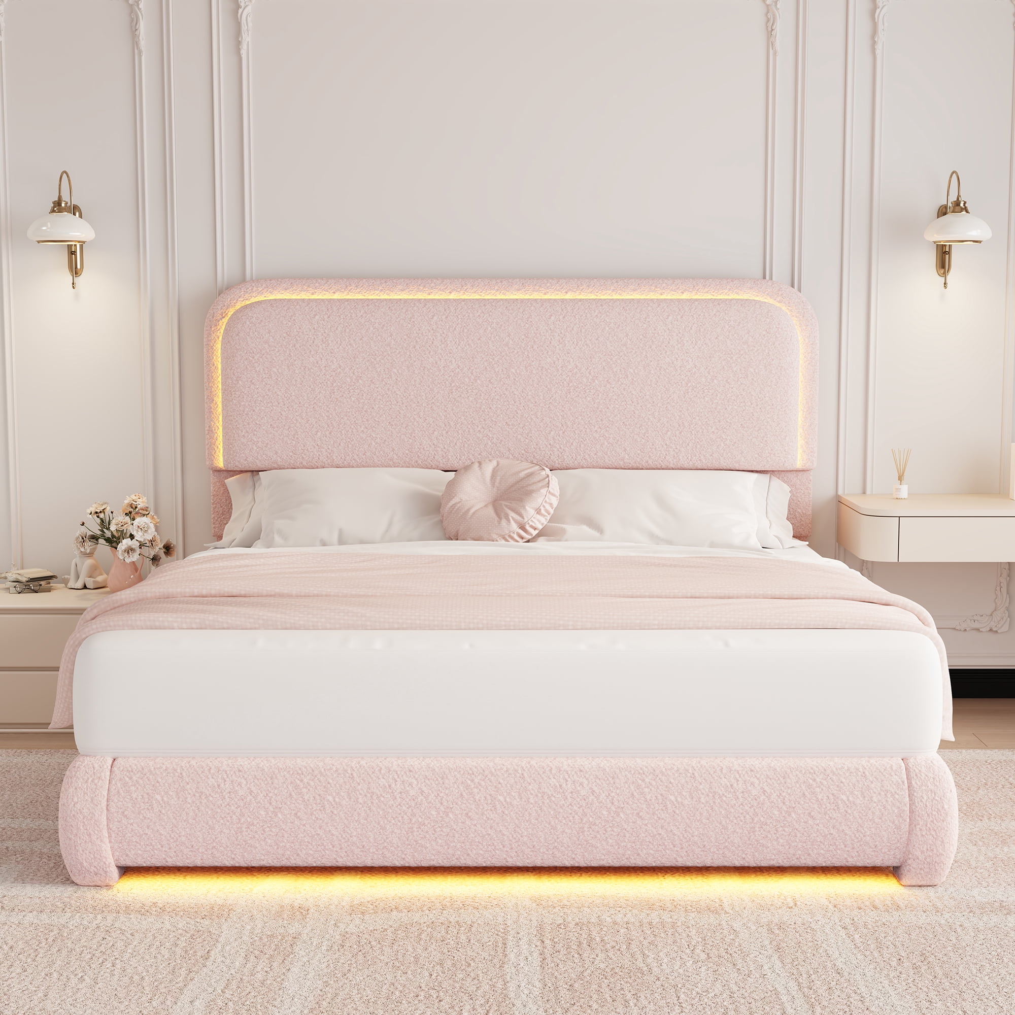 SIBEDS Cadre de Lit Pleine Grandeur en Molleton Teddy avec Tête de Lit, Lit Plateforme Rembourré avec Lumières DEL, Aucun Sommier Requis, Rose