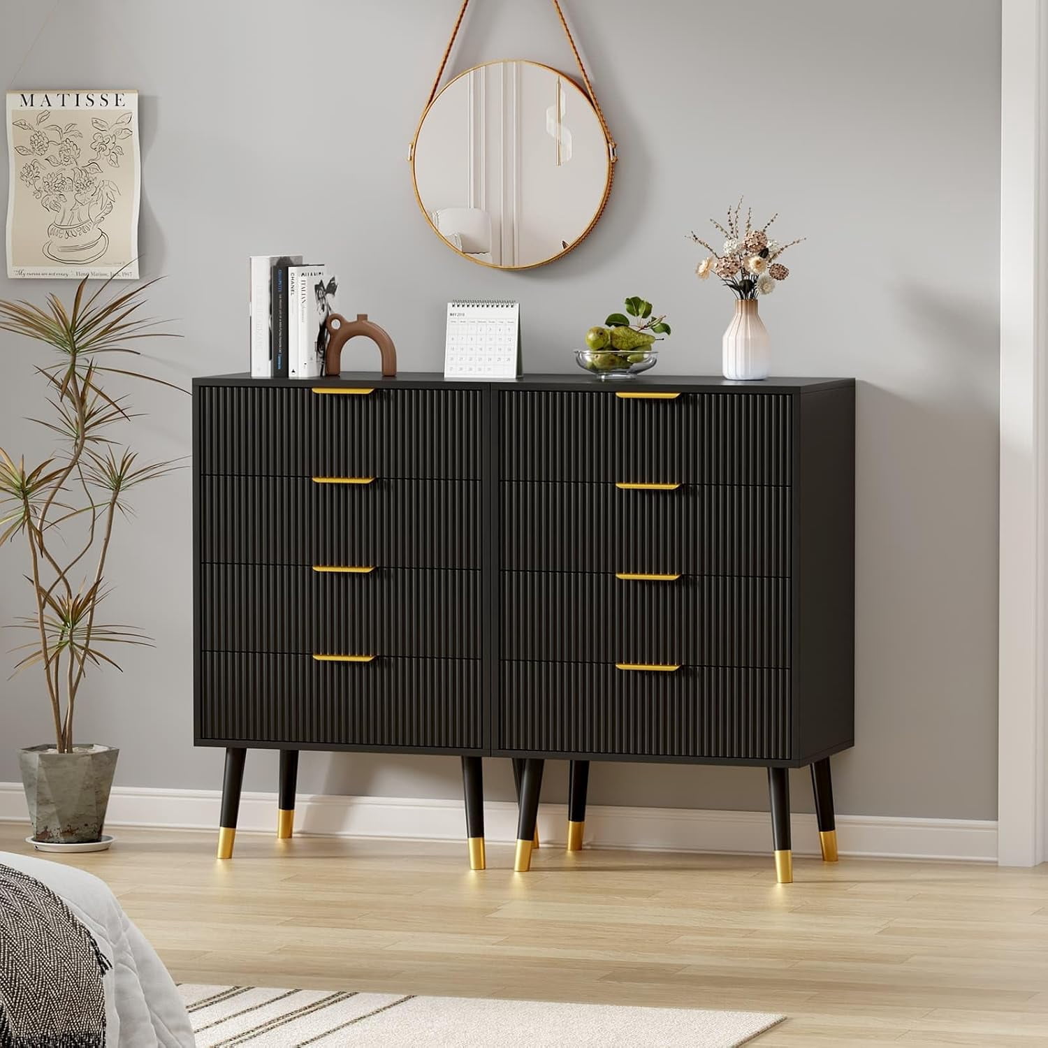 4 Drawer Dresser Set of 2 for Bedroom, Modern Closet Dressers Chest of Drawers, Storage Chest Cabinet Organizer Unit, Small Fluted Nightstand for Bedroom, Black