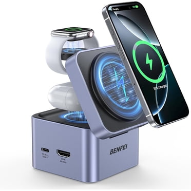 BENFEI 3-in-1 Foldable for MagSafe Charger Stand with USB C Hub, Wireless Charging Station for iPhone 16/15/14/13/12, Apple Watch & AirPods, Supporting HDMI (4K@60Hz), 100W PD, 2X USB 3.0 (5Gbps)