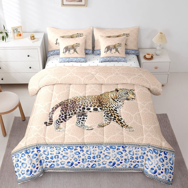 Erosebridal Literie Jungle Léopard Taille Complète, Lit Imprimé Animal 3D, Décoration de Chambre Faune, Réversible 7 Pcs