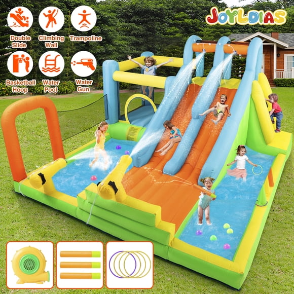 JOYLDIAS Glissoire d'Eau Gonflable pour Enfants, Parc Aquatique Géant, Maison Château Rebondissante avec 2 Glissades, 3 Pistolets à Eau, Piscine Éclaboussures, Trampoline, Mur d'Escalade, Lancer d'Anneau, Souffleur d'Air