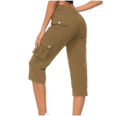 AherBiu Pantalon Cargo Capri Femme Ample Droit Décontracté Couleur Unie Taille Haute Randonnée Escalade Pantalon Court avec Multiples Poches