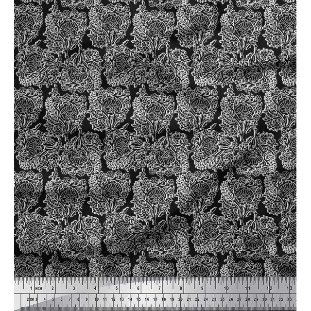 Soimoi Rayon Crepe Fabric Leaves & Floral Block Decor Fabric Printed Yard 46 Inch Wide