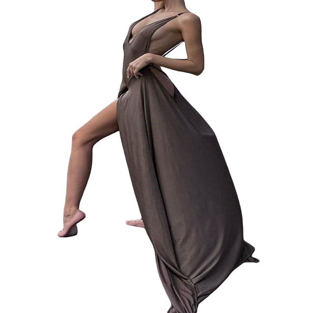 Robe Justaucorps pour Femmes Sans Manches à Col en V Profond, Dos Nu, Fluide, Longue, pour Cocktail et Fête