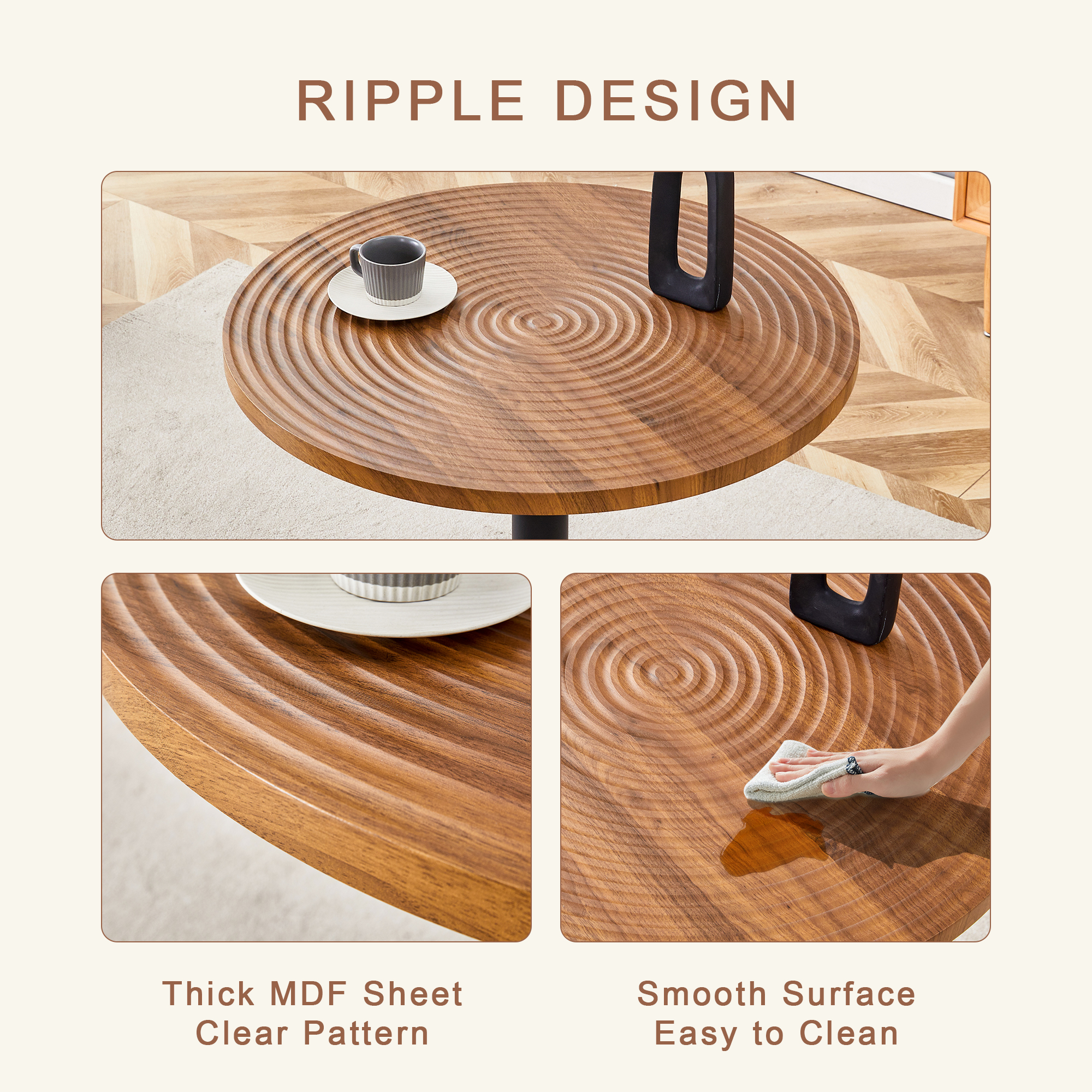 Table de salle à manger ronde Noble House 80 cm, grain de bois foncé avec texture annulaire, noir, bois