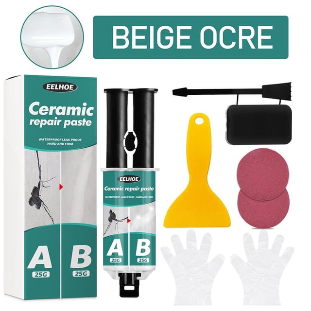 Ensemble de Réparation pour Carreaux en Céramique Colle AB Ensemble de Réparation pour Porcelaine avec Colle AB 25 G+25 g en Blanc Porcelaine, Grattoir Jaune, Bâton d'Agitation Noir avec Couvercle, Deux Papiers Sablés Rouges et Gants. Conçu pour Réparer les Fissures des Carreaux en Céramique, Baignoires, Lavabos et Carreaux de Toilette. Comprend un Coulis Blanc Éclatant Imperméable pour Remplir et Couvrir le Coulis Ancien Ou Sale, Convient aux Outils et Accessoires de Plancher.