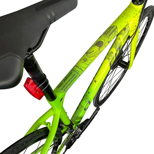 ENLEE Bike Sticker, a scratch-resistant and removable bike frame protector made of premium 500-micron PVC material, shown applied to a bright green road bike frame. The sticker features intricate black patterns and designs, enhancing the bike's appearance while protecting it from scratches, rain, and sand. Suitable for various bicycle frame sizes and easy to cut and apply without leaving residue.