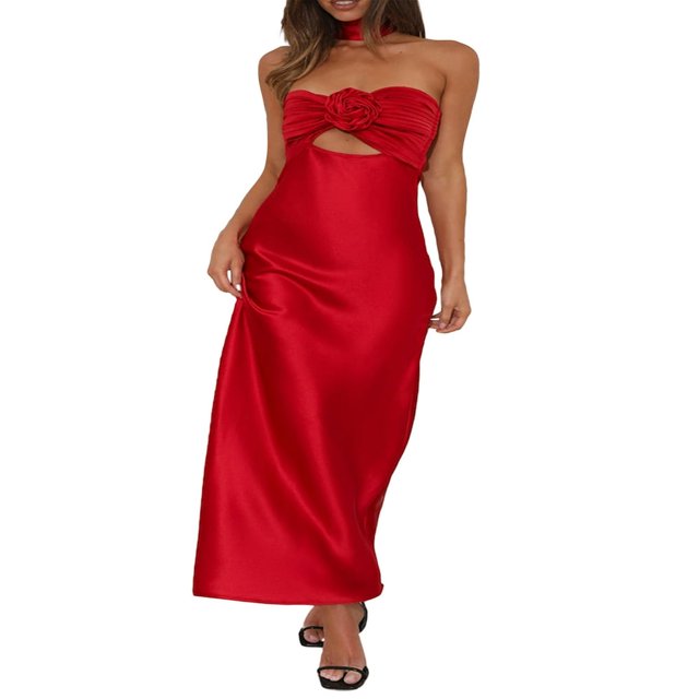 Women‘s Satin Tube Dress Solid Color Flower Gown with Scarf