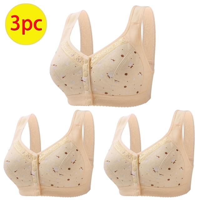 AherBiu 3PCS Plus Size Bras for Women Full Coverage Button Front Closure Push up No Underwire Bralettes Everyday Comfort Bras