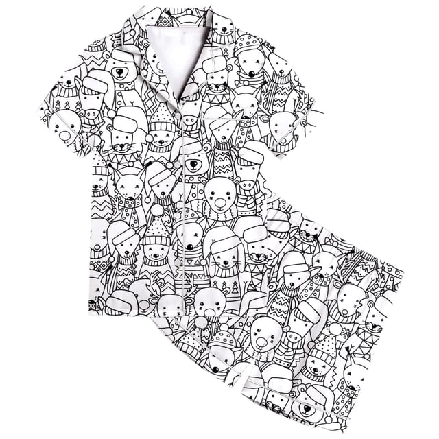 Girls Sleepwear & Robes Girls DIY Printed Lapel Short Sleeve Top Pajamas Set with Comfortable Shorts Bath Robe for Home Wear