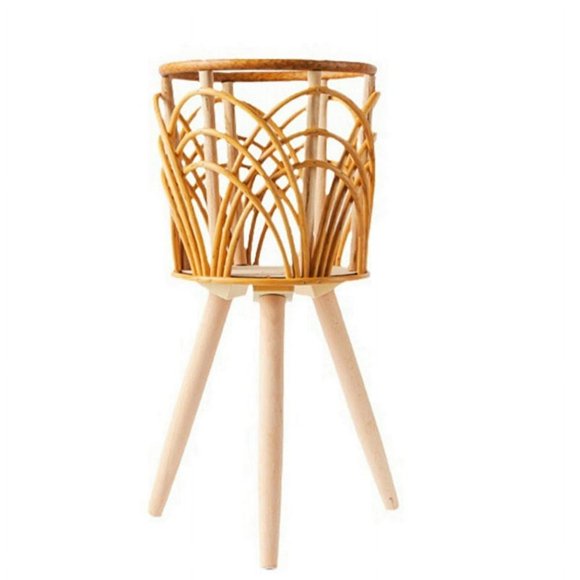 LEEYNEER Rattan Indoor Plant Stand Straw Woven Flowers Pot Holder Stool with Legs Floor Planter Baskets Rack Wooden Plant Shelf B