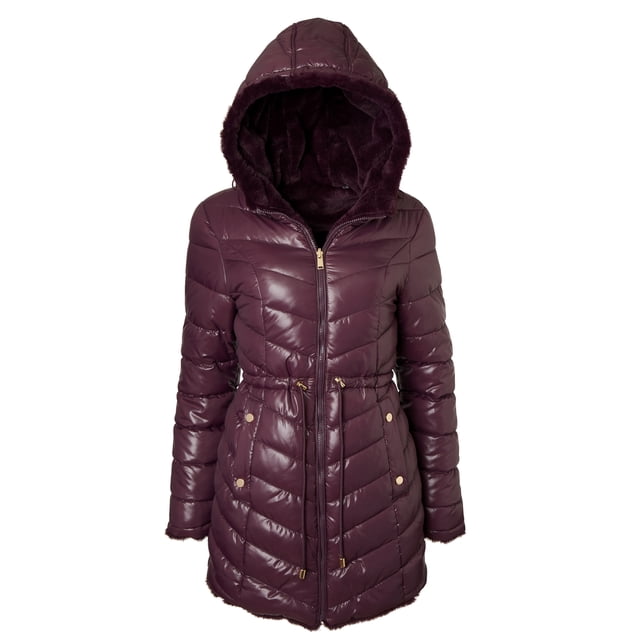 Sportoli Manteau d'Hiver pour Femmes Réversible, Doublé en Fausse Fourrure, Doudoune Matelassée - Merlot (1X)