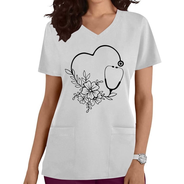 LSLJS Blouse à Manches Courtes à Col en V pour Femmes, Mode, Uniforme de Travail, Imprimé, avec Poche, Blouse, Hauts; Sarraus pour Femmes Grande Taille