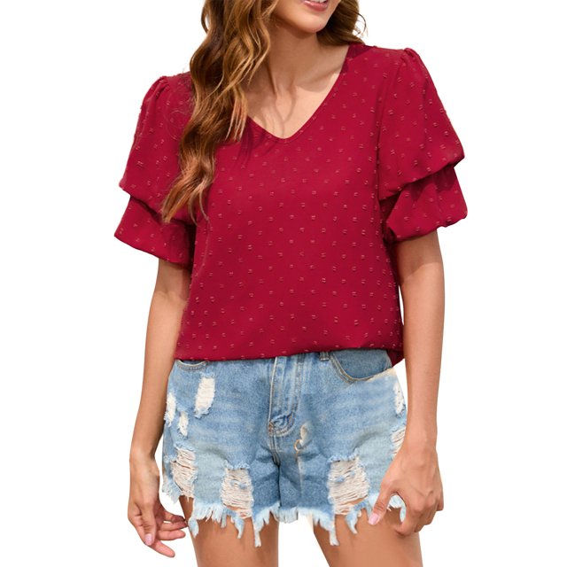 FAIWAD Women's V Neck Ruffle Tops Summer Flowy Short Sleeves Blouse Loose Casual Dressy Work Tops
