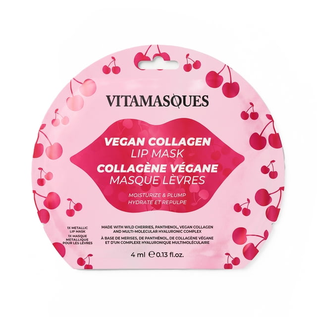 Vitamasques Cherry Vegan Collagen Lip Mask in pink pouch with metallic cherry pattern and bilingual text, containing 4 ml (0.13 fl. oz.) of vegan collagen lip treatment that moisturizes and plumps lips with wild cherries, panthenol, and hyaluronic acid for hydration.
