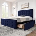thumbnail image 1 of Queen Size Bed Frame with 4 Storage Drawers and Velvet Upholstered Headboard, Wooden Slats Support, Button Tufted Design, No Box Spring Needed, Blue, 1 of 9