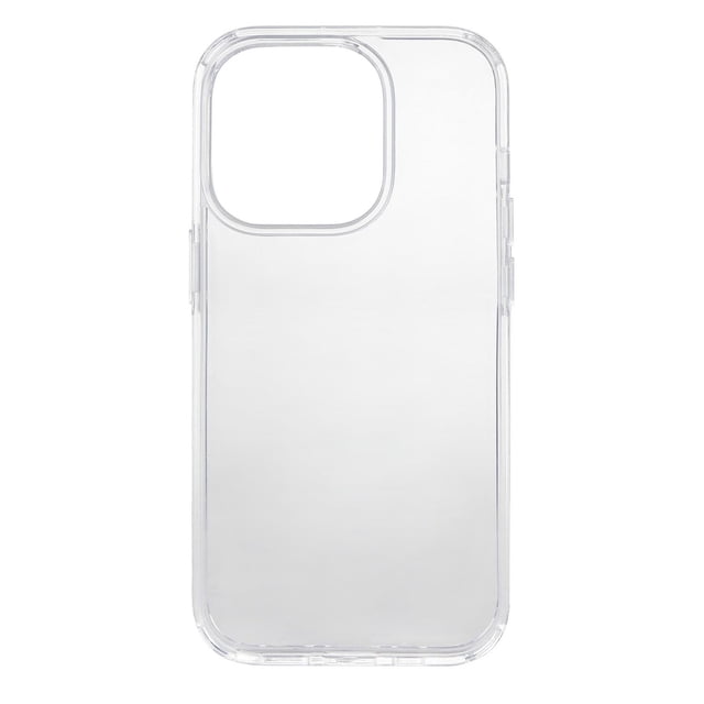 Onn. iPhone 14 Pro Phone Case clear hard-shell protective cover with raised bezels for screen and camera, durable mixed material construction protects against scratches and drops, precise cutouts for buttons and ports, slim fit for pocket convenience