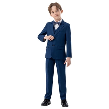 Boys Wedding Ring Bearer Tuxedo Suit 5 PCS Gentlemen Outfits Blazer Dress Shirts Pants Vest Bowtie Formal Dresswear 5 Years, Navy