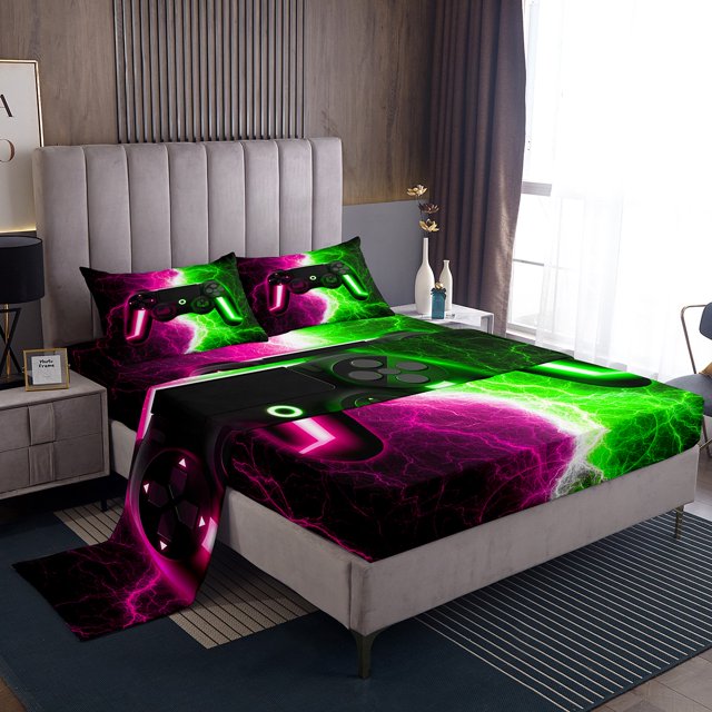 Gamer Bed Sheets Set for Boys Queen Size Pink and Green Gaming Bedding Set,Kids Video Game Console Sheets Modern Lightning Fitted Sheet Set Bedroom Decor with 2 Pillowcases